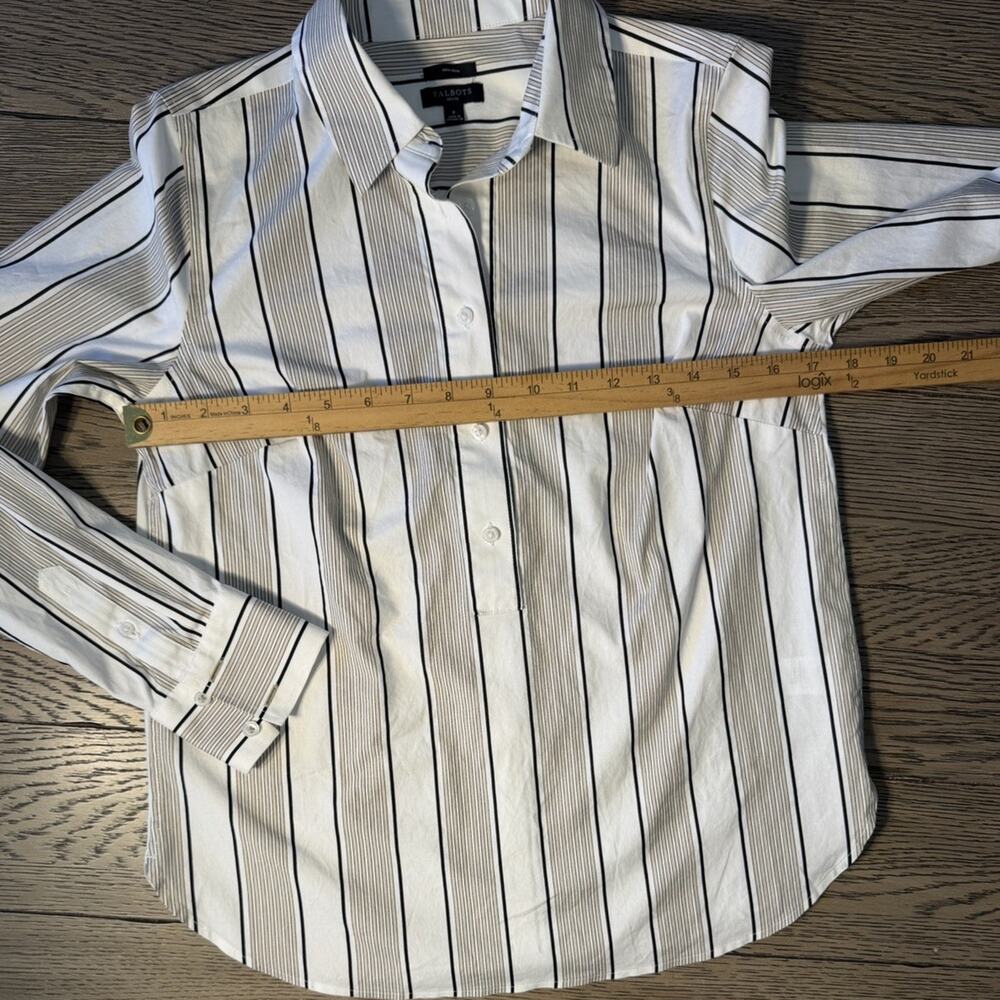 Talbots Womens Top Sz P White Black Tan Non-Iron Popover Shirt Long Sleeve - Picture 3 of 7